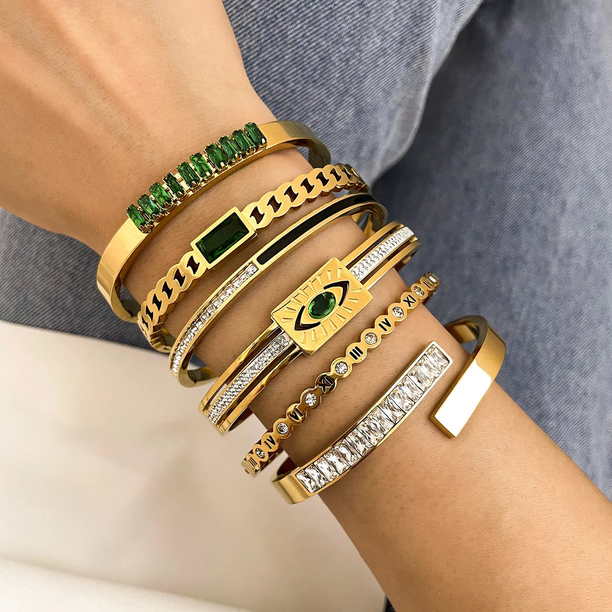 Bangle Bracelets for Women Trendy Chic Green Zircon Stainless Steel Gold Color Plating Jewelry Accessories