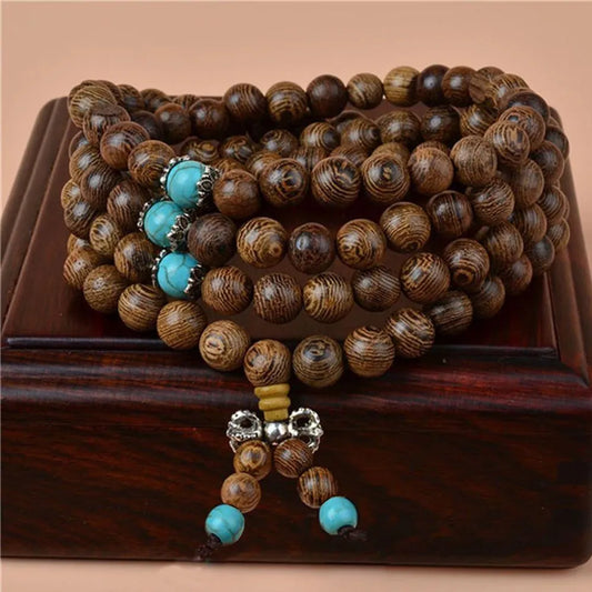 Bracelets for Men Women 108 Wood Beaded Sandalwood Buddhist Meditation Prayer Blue Turquoise Multi-layered 6MM Bracelets