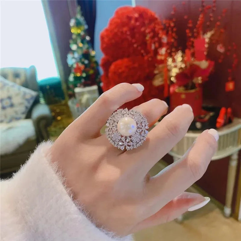 Rings For Women Fashion Adjustable Big Geometric Pearl Paved Open Ring Gift Party Jewelry