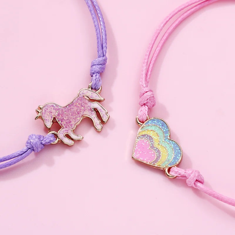 Bracelets For Kids 3Pcs/set Braided Cord Unicorn Heart Star Charms for Gift Jewelry