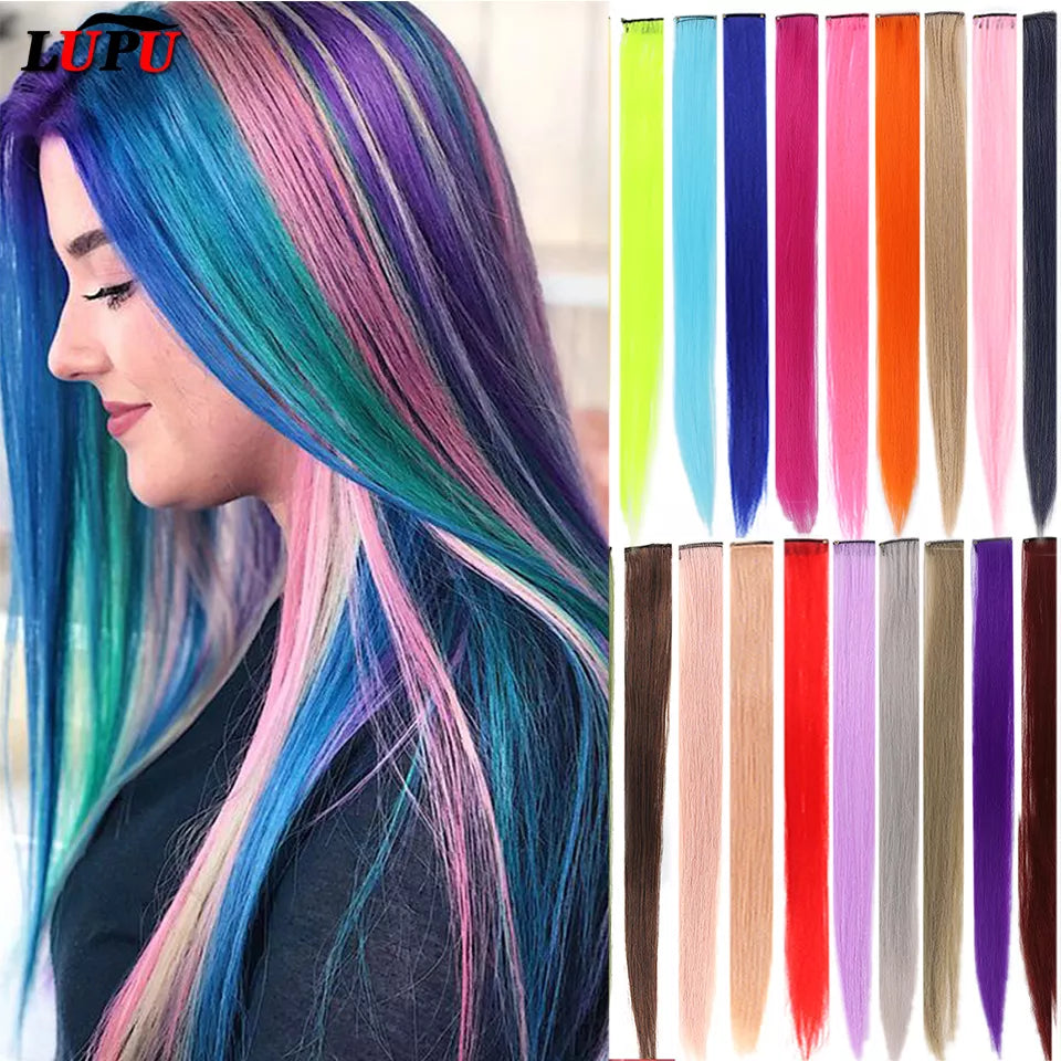 Hair Extensions for Women Kids Girls 22 Inch Colored Highlight Synthetic Rainbow Colors Long Straight Hairpieces