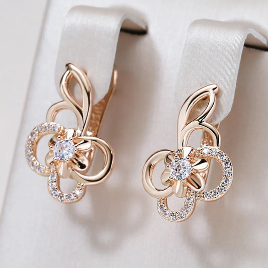 Earring Studs for Women Trendy Cute Hollow Flower 585 Rose Gold Color Natural Zircon Creative Fashion Girls Daily Jewelry