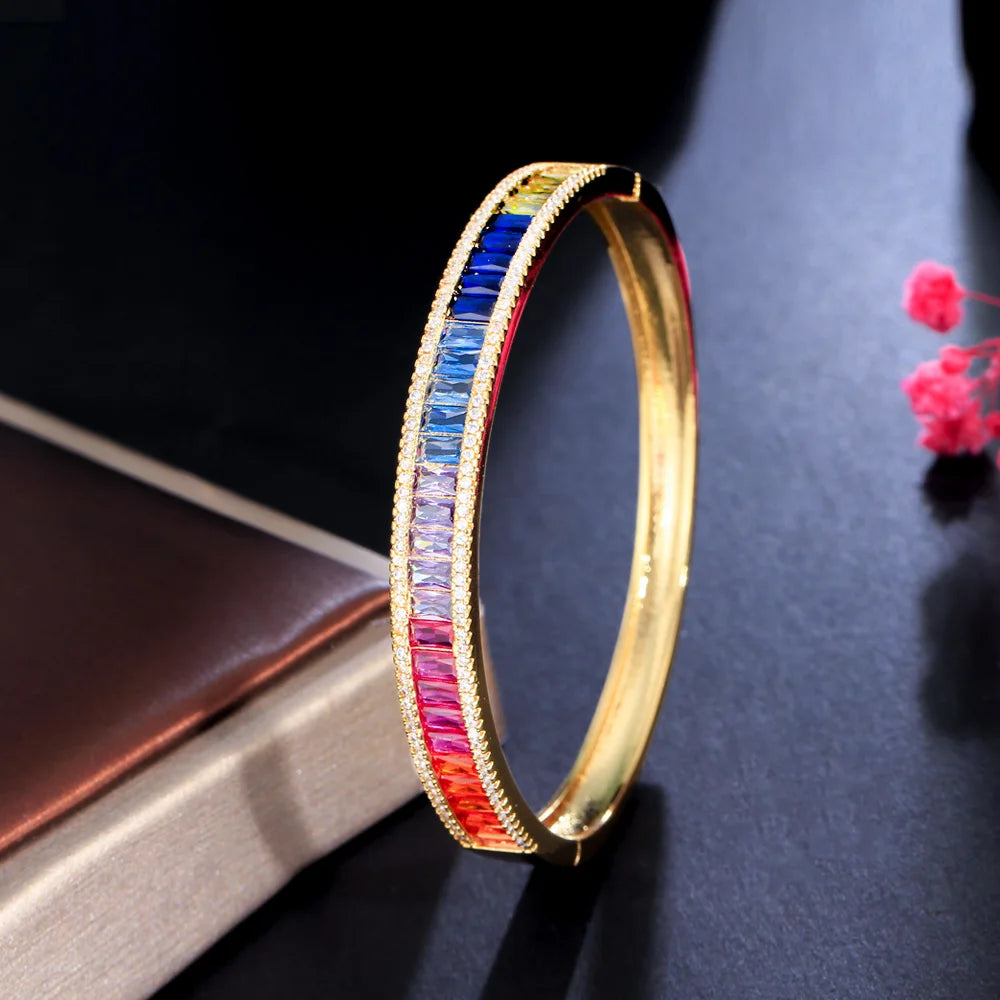 Bangle for Women Unique Baguette Rainbow Cubic Zirconia Round Open Cuff Trendy Brazilian Gold Plated Jewelry