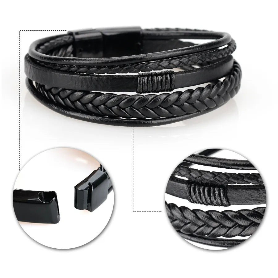 Bracelets For Men Trendy Leather Stainless Steel 21CM Multilayer Braided Rope