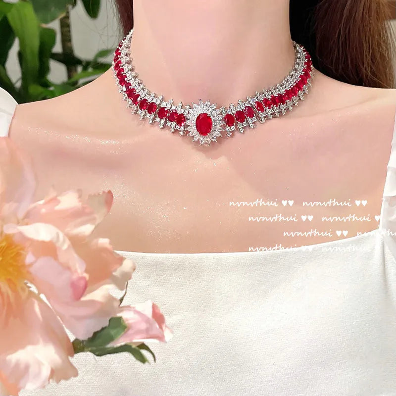 Bracelet Necklace Set Luxury Vintage Style Exquisite 925 Sterling Silver Simulation Ruby Zircon Party Jewelry