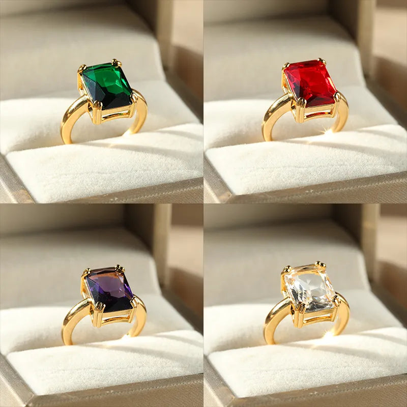 Rings For Women Green Square Zircon Multiple Color Stainless Steel Open Ring Fashion Jewelry Wedding Anniversary Gifts