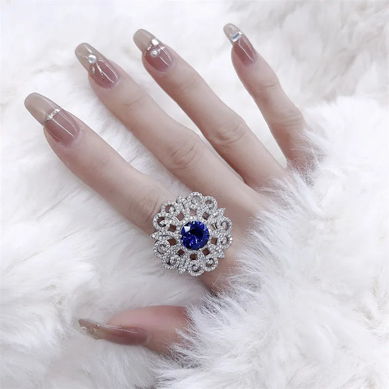 Rings For Women 925 Sterling Silver Fashion Jewelry Resizable Hollow Design Sapphire Round Shape Wedding Engagement