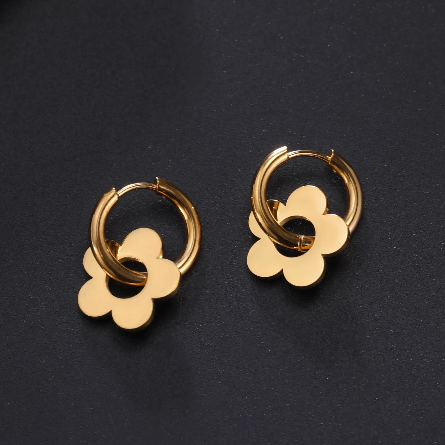 Earrings For Women Stainless Steel Five Petal Flower Pendant Gold Color Hoop Earrings Minimalist Fashion Jewelry