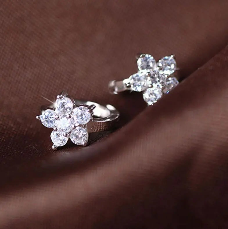 Earrings Hoop Style Zirconia Flower 925 Sterling Silver Small Round Loop Girls Jewelry