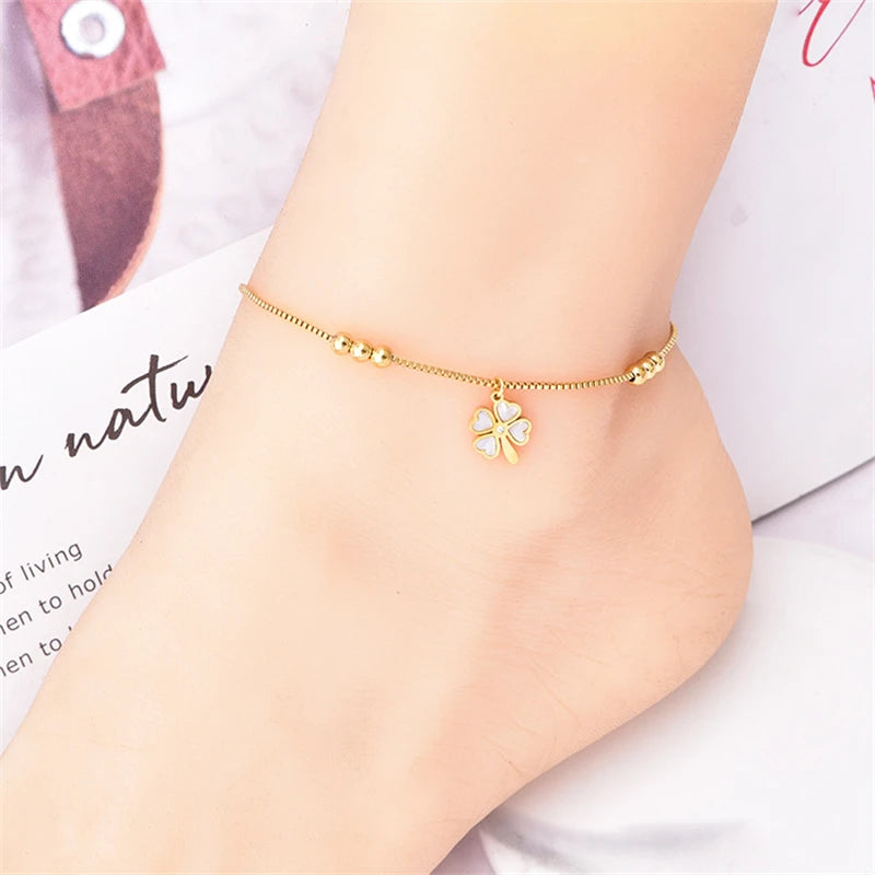 Anklets For Women 316L Stainless Steel Beading Zircon Love Heart Butterfly Eye Lucky Grass Charm Chain