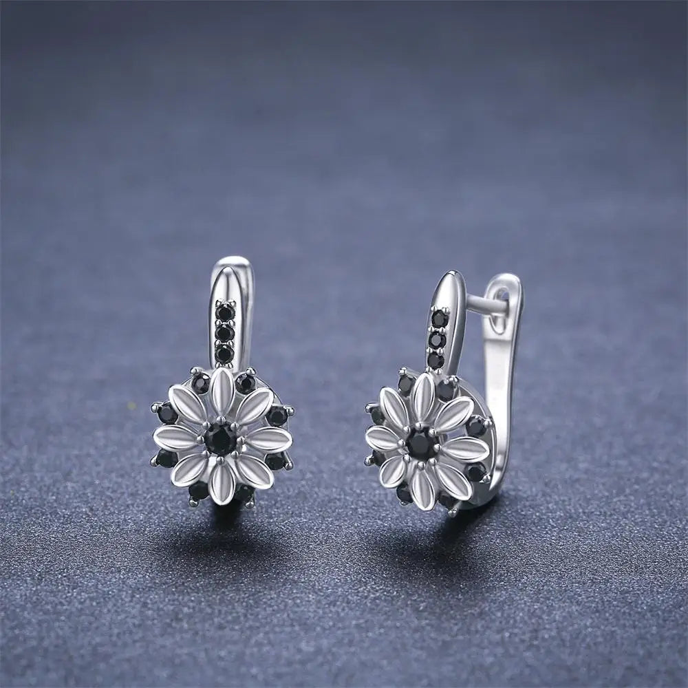 Earrings Hoop Style Women's Black Stone Jewelry 2023 Trendy Flower Gothic Design