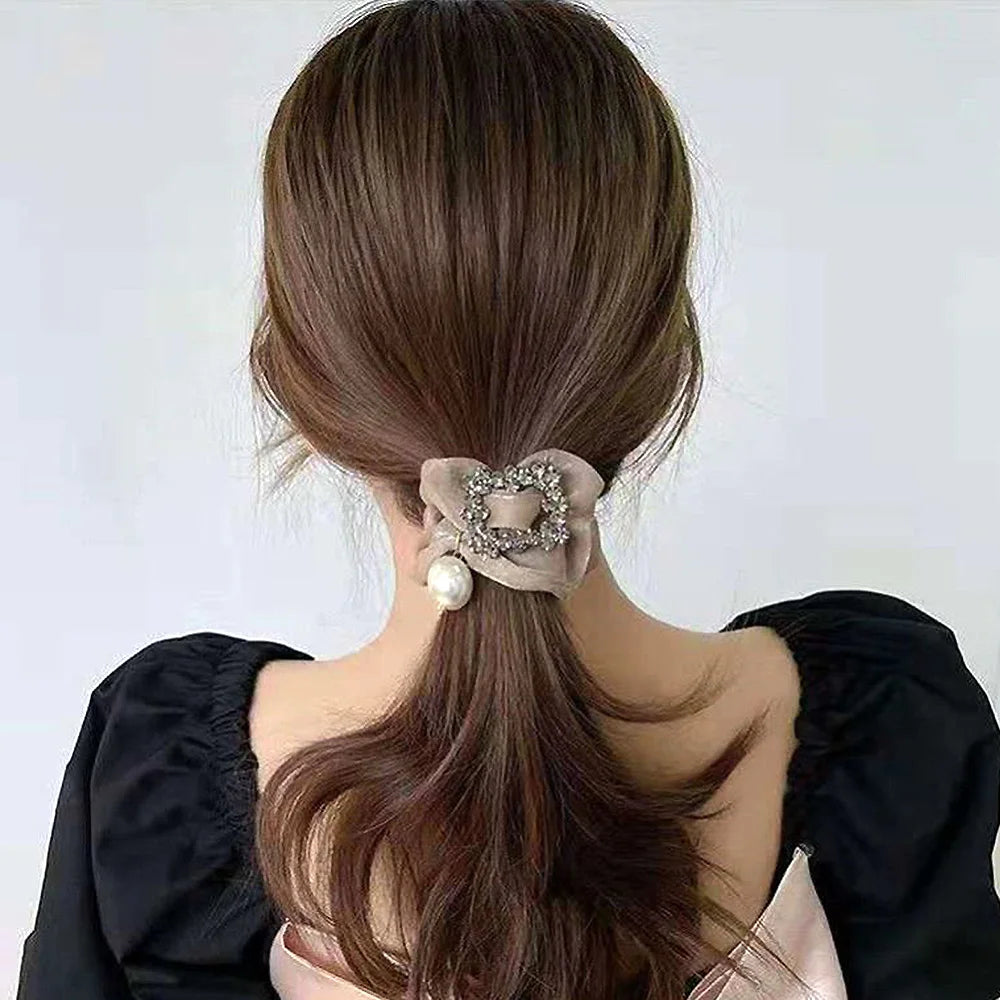 Hair Ties For Women Girls Elegant Organza Large Elastic Glitter Rhinestone Pearl  Ponytail Holder