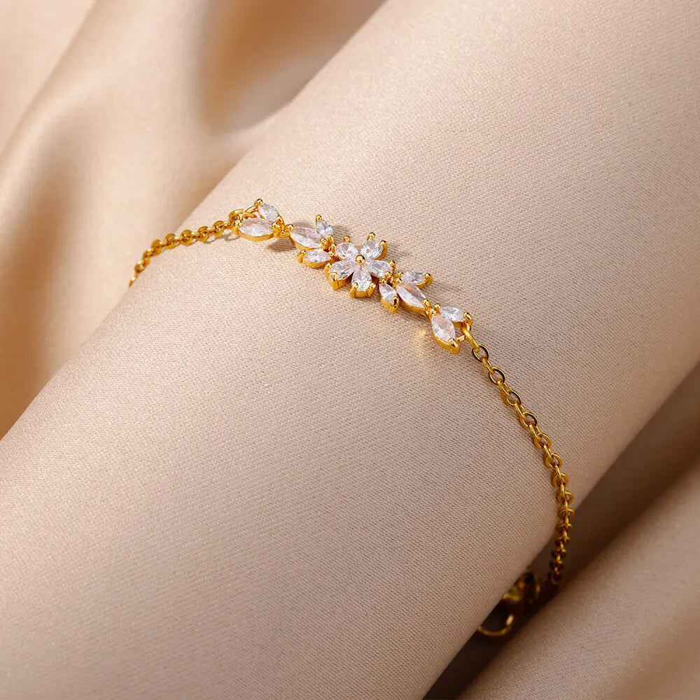 Anklets & Bracelets For Women Girls Elegant Zircon Flowers Charm Gold Color Stainless Steel Luxury Designer Jewelry Gifts