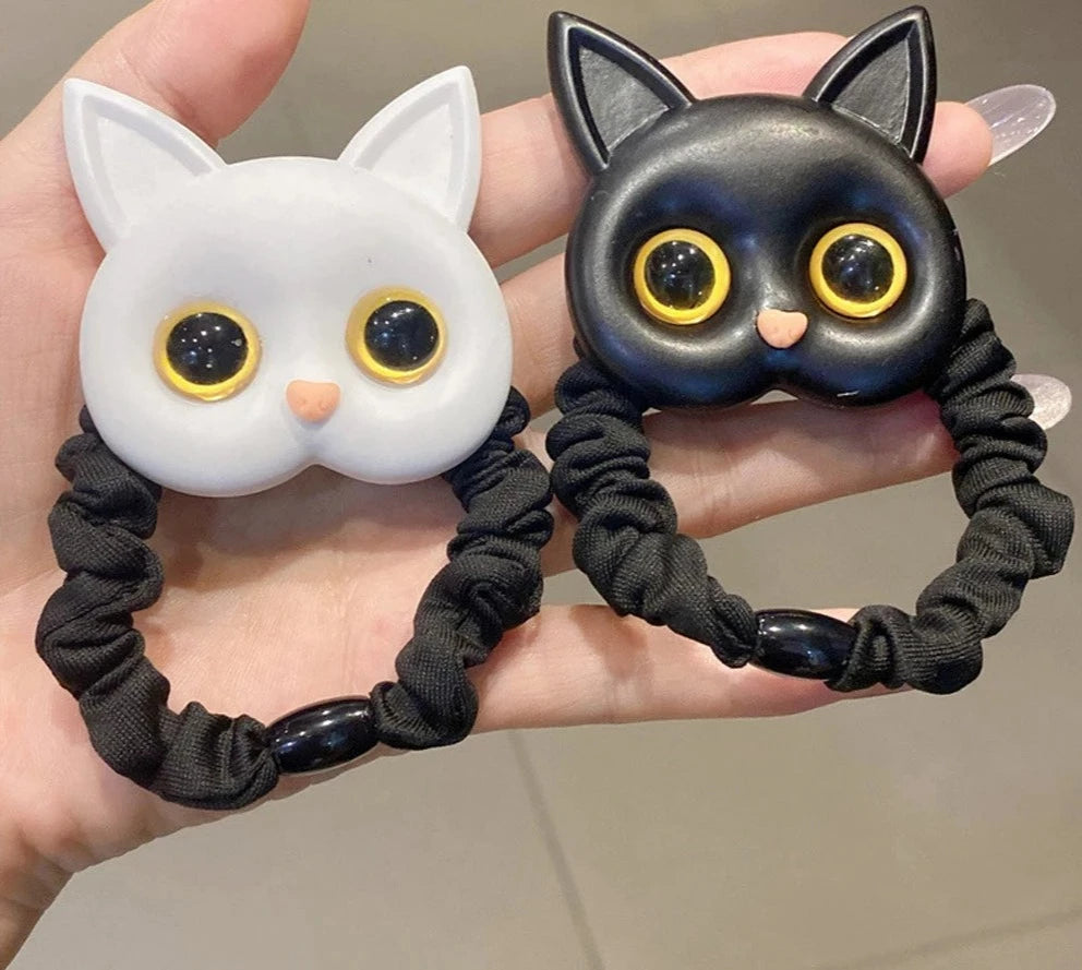 Hair Ties Kids Girls Cartoon Black White Cat Charms Cute Elastic Ponytail Holder