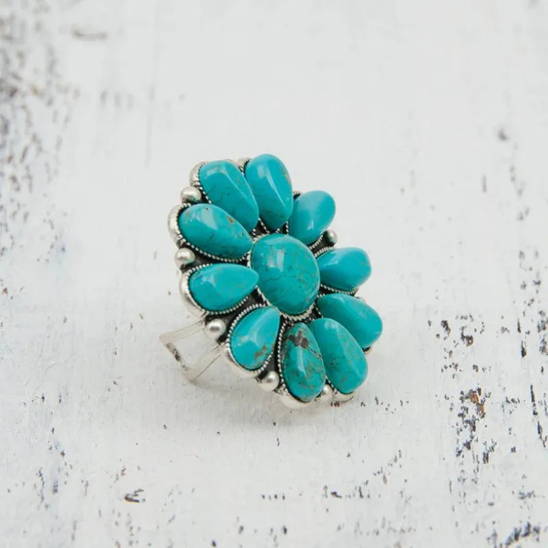 Rings Adjustable Big Blue Stone Flower Round Open Vintage Bohemia Ethnic Tribal Party Jewelry Gifts