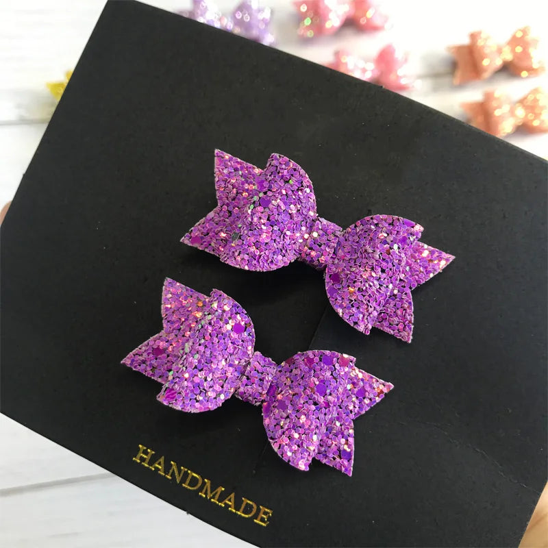 Hair Bows Clips 2pcs Handmade Mini Sequins Shiny Glittery