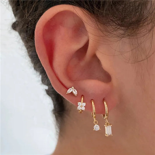 Earring For Women 4Pcs Set Square Zircon 925 Sterling Silver Hoop Earring Piercing White Crystal Wedding Party Gift