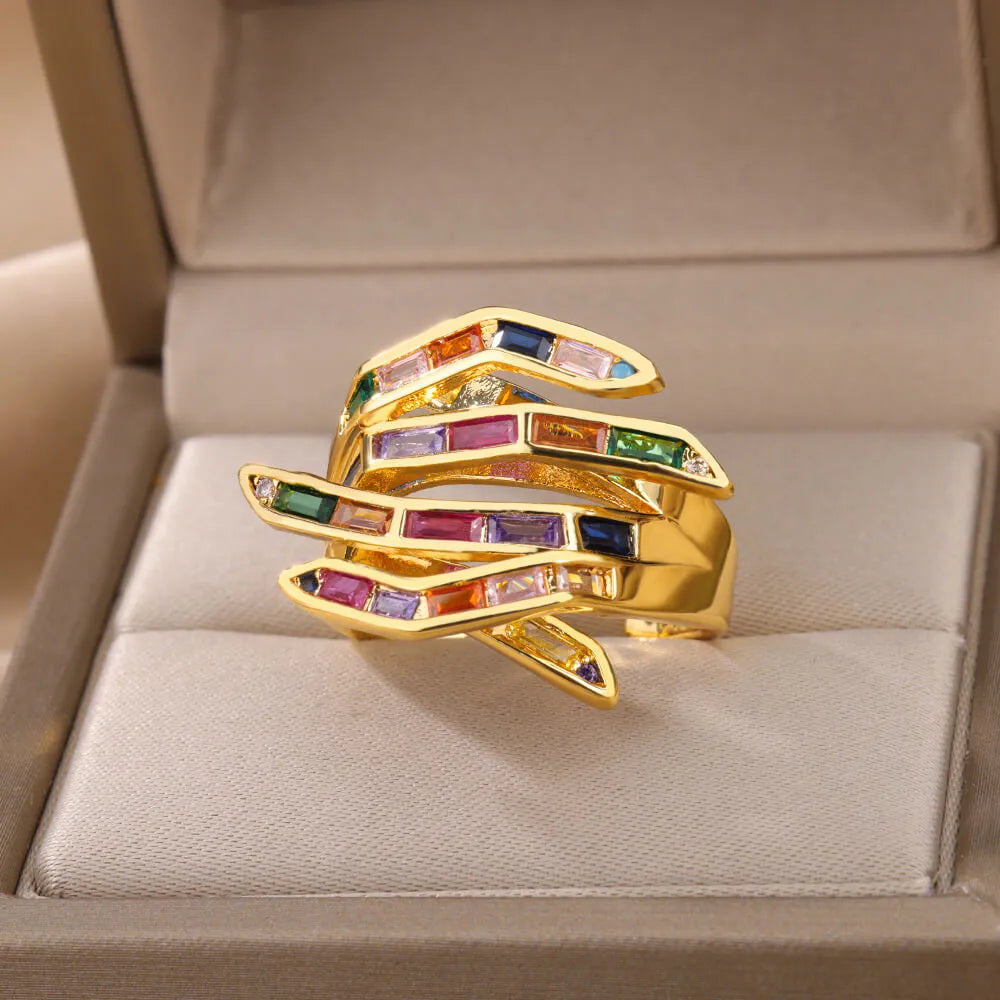 Rings For Women Colorful Rectangular Zircon Gold Color Stainless Steel Luxury Designer Jewelry