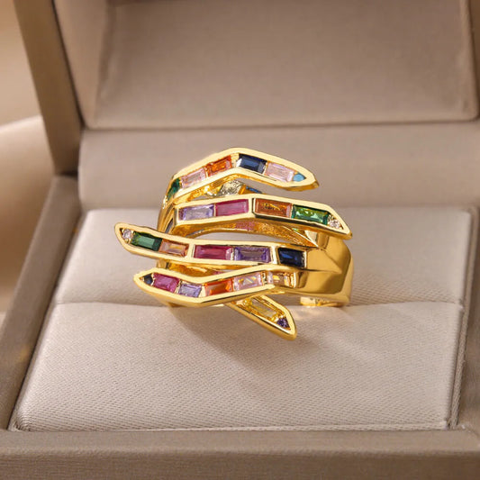 Rings For Women Colorful Rectangular Zircon Gold Color Stainless Steel Luxury Designer Jewelry