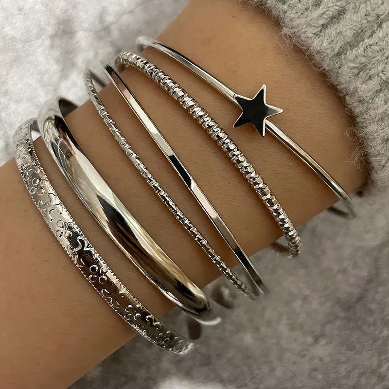 Bangles Bracelets for Women/Girls 6pcs/set Star Multilayer Geometric Opening Bangle Cuff Bracelet Punk Jewelry Set