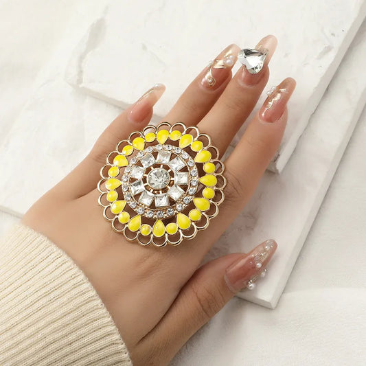 Rings for Women Fashion Adjustable Round Colorful Enameling Big Romantic Crystal Wedding Party Jewelry Gift