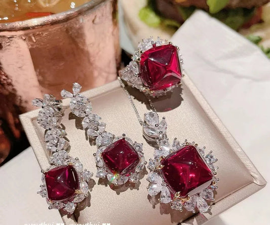 Jewelry Sets Luxury Silver Color Crystal Women High Quality Lab Ruby Gemstone Party Retro Classic Wedding Bridal Jewelry