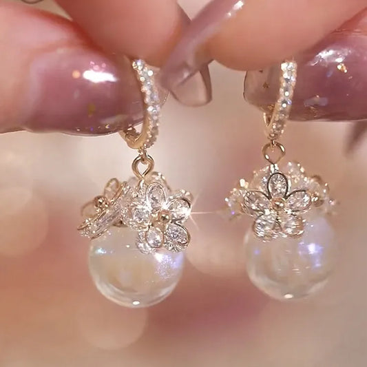 Earrings for Women Fashion Flower Zircon Hoop Temperament Pearl Dangle Earrings Gift Jewelry