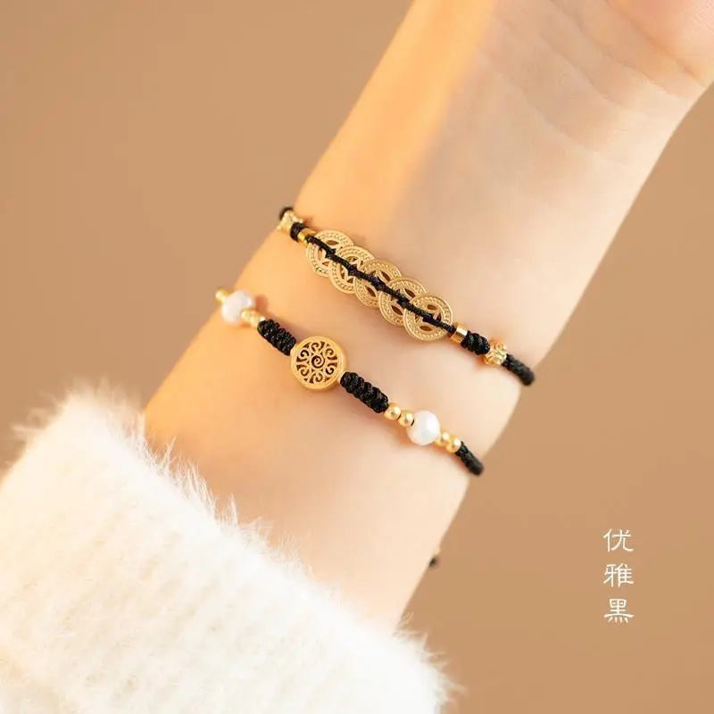 Bracelet Women New Good Luck Bracelet 2023 Animal Year Transfer Pearl Red Hand Rope Woven Hand string