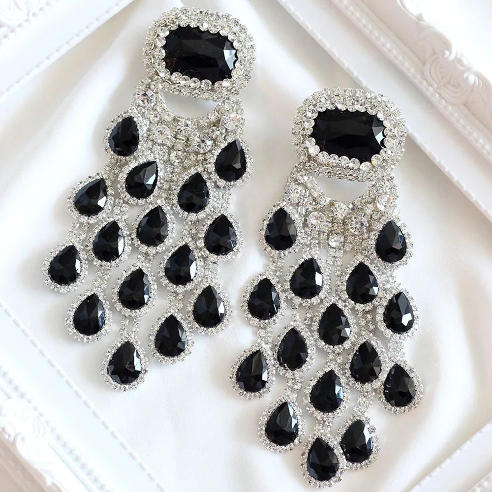 Earrings for Women Large Pendant  Elegant Bridal Black Crystal Tassel Water Drop Exaggerated Dangle Earrings Party Jewelry