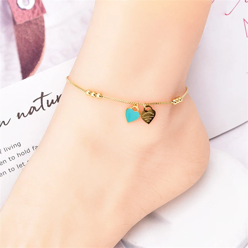 Anklets For Women 316L Stainless Steel Beading Zircon Love Heart Butterfly Eye Lucky Grass Charm Chain