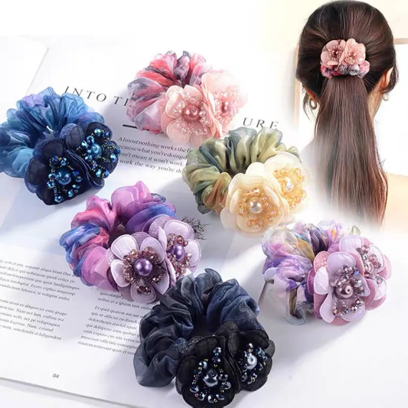 Hair Scrunchies Ties For Women Girls With Faux Pearl Crystal Flower Fashion Elastic Large Lace Headband