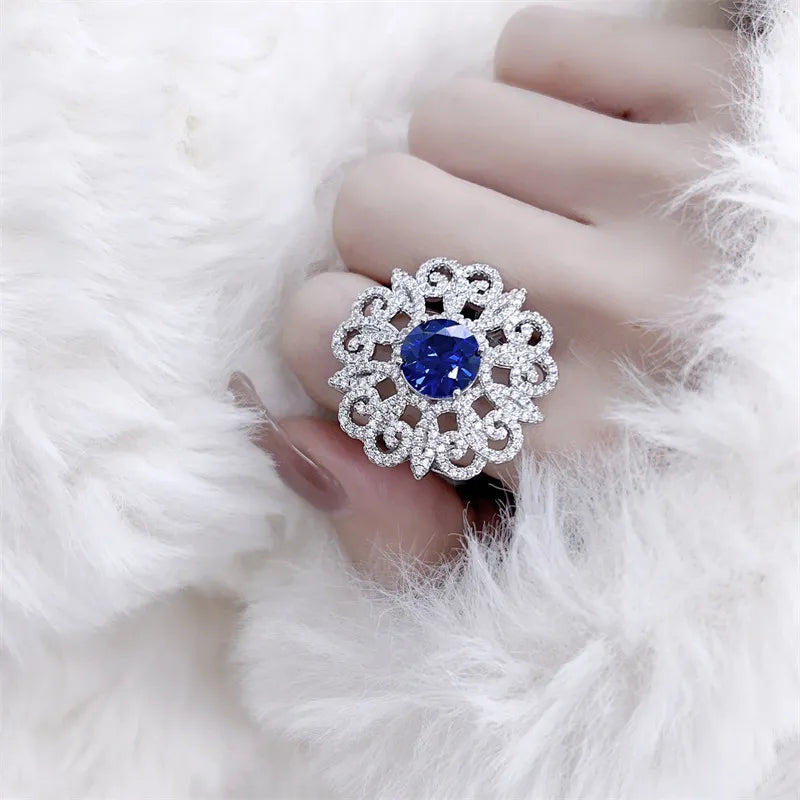 Rings For Women 925 Sterling Silver Fashion Jewelry Resizable Hollow Design Sapphire Round Shape Wedding Engagement