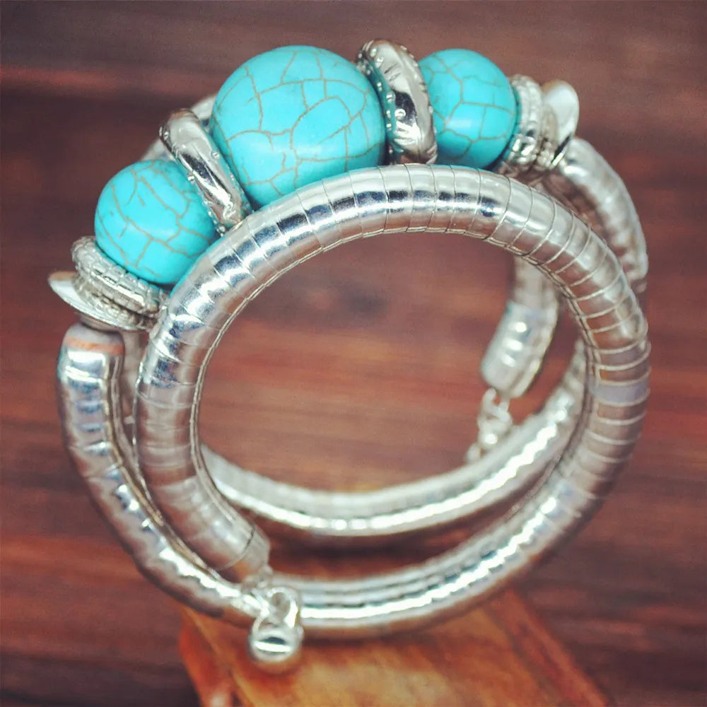 Bangle Bracelets For Women 2023 New Fashion Turquoise Snake Vintage Multilayer Metal Ethnic Jewelry