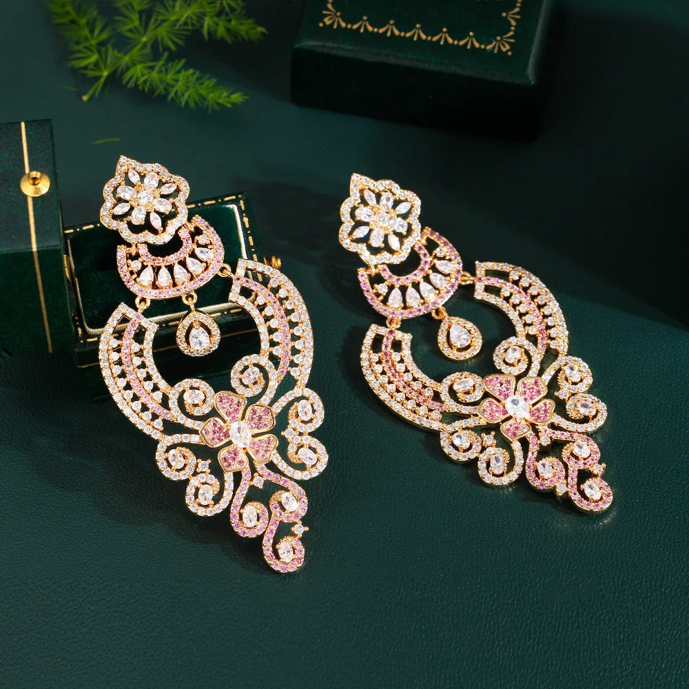 Earrings for Women Luxury Statement Pink Red Cubic Zircon Long Big  Vintage Ethnic Wedding Bridal Party Jewelry