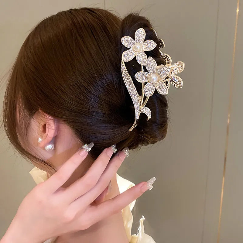 Hair Claw Clip For Women Luxury Flower Rhinestone Pearl Elegant Hair Accessories Gift