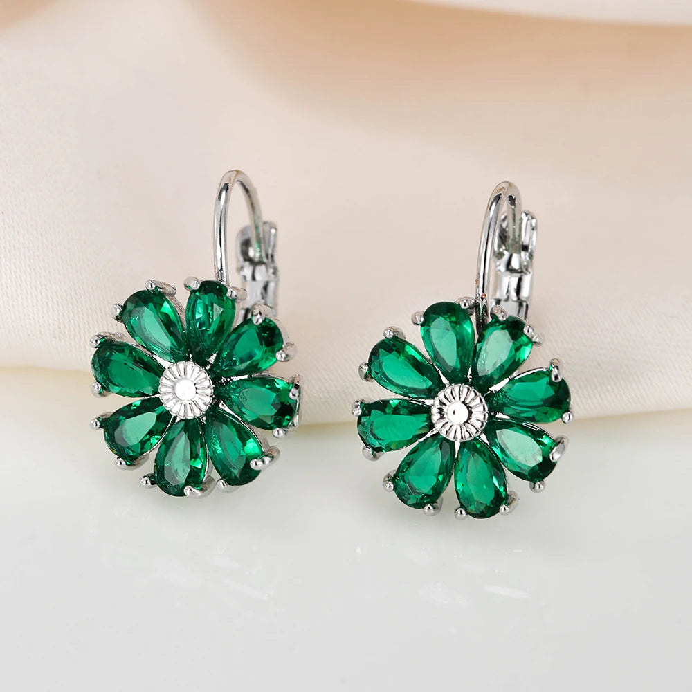 Earrings for Women Fashion Flower Green Blue Red Zirconia Hoop Earrings Party Jewelry Gift