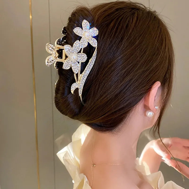 Hair Claw Clip For Women Luxury Flower Rhinestone Pearl Elegant Hair Accessories Gift