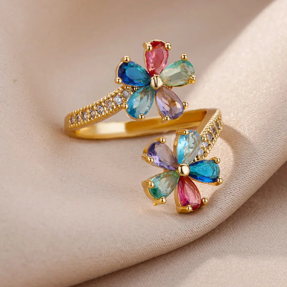 Rings For Women Resizable Colored Zircon Double Flower Gold Plated Stainless Steel Flower Opening Wedding Jewelry Gift