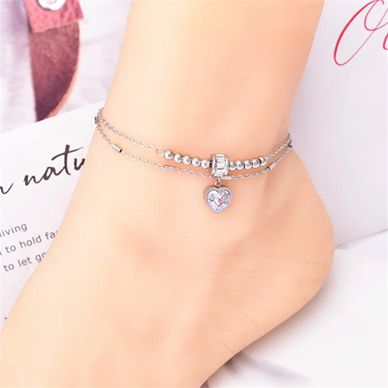 Anklet For Women 316L Stainless Steel New Fashion 2 Layer Beading Zircon Butterfly Love Heart Shape Charm Chain