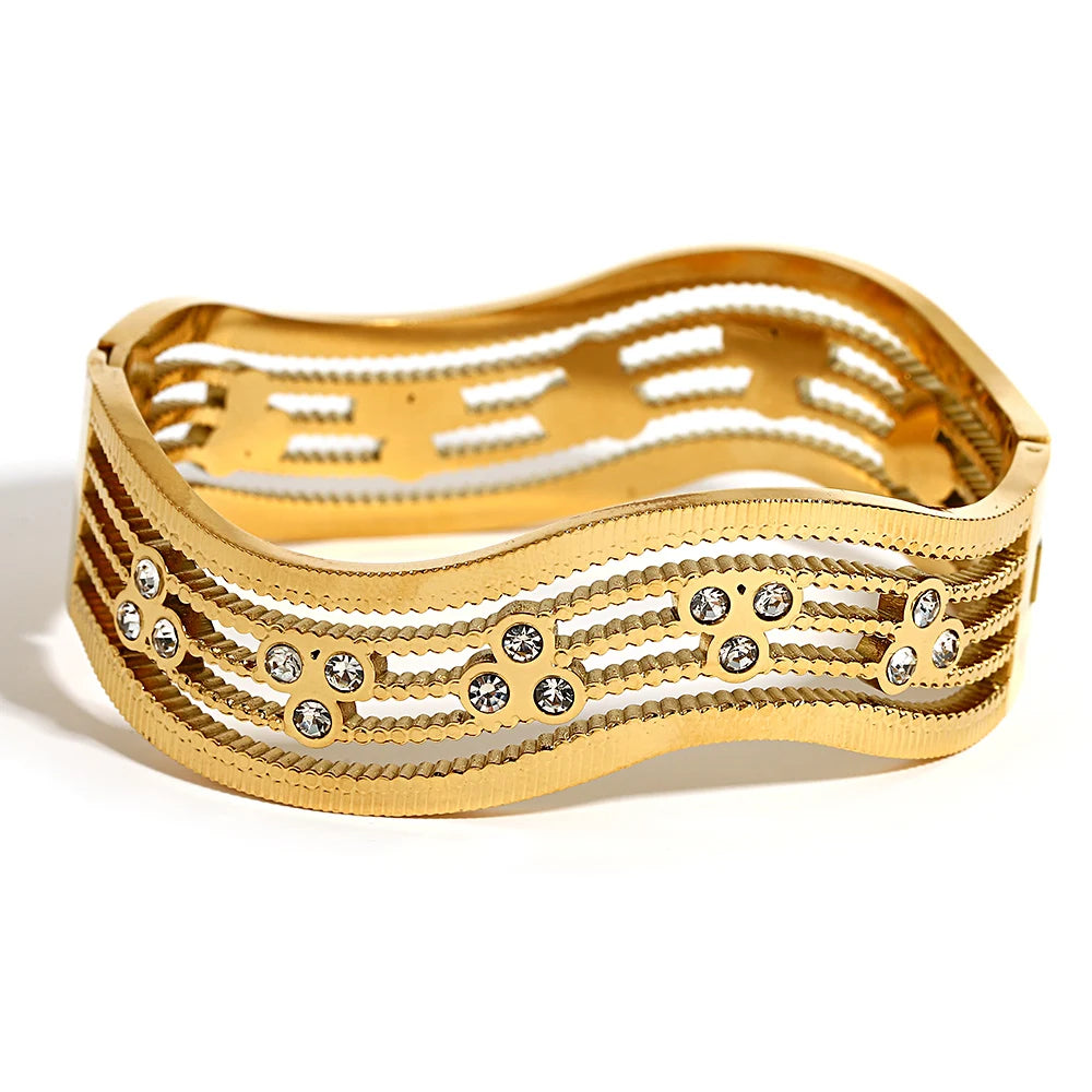 Bangles Bracelets for Women Gold Plated Trendy Stainless Steel Layered Wide Geometric Bracelet Waterproof Jewelry