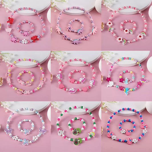 Necklace Bracelet Sets For Girls Children 2pcs Cute Cartoon Pattern Charm Natural Wooden Beads Birthday Gift Jewelry Sets