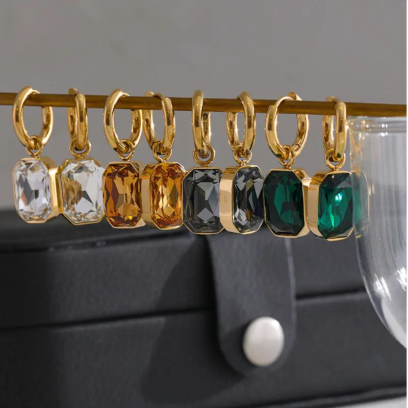 Earrings Trendy Women Stainless Steel Cubic Zirconia Drop Dangle Gold Color Square Geometric Jewelry