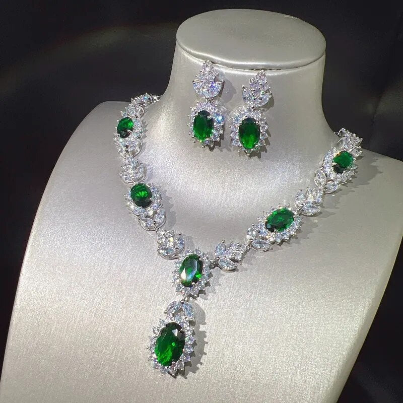 Necklace Exquisite Emerald Crystal Silver Inlaid Sparkling AAA Zircon  Wedding Jewelry Sets