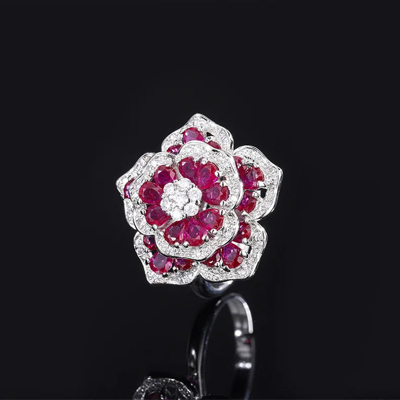 Rings For Women Resizable Luxury Vintage Exquisite Silver Flower Lab Emerald Ruby Gemstone Open Ring Wedding Bridal Jewelry