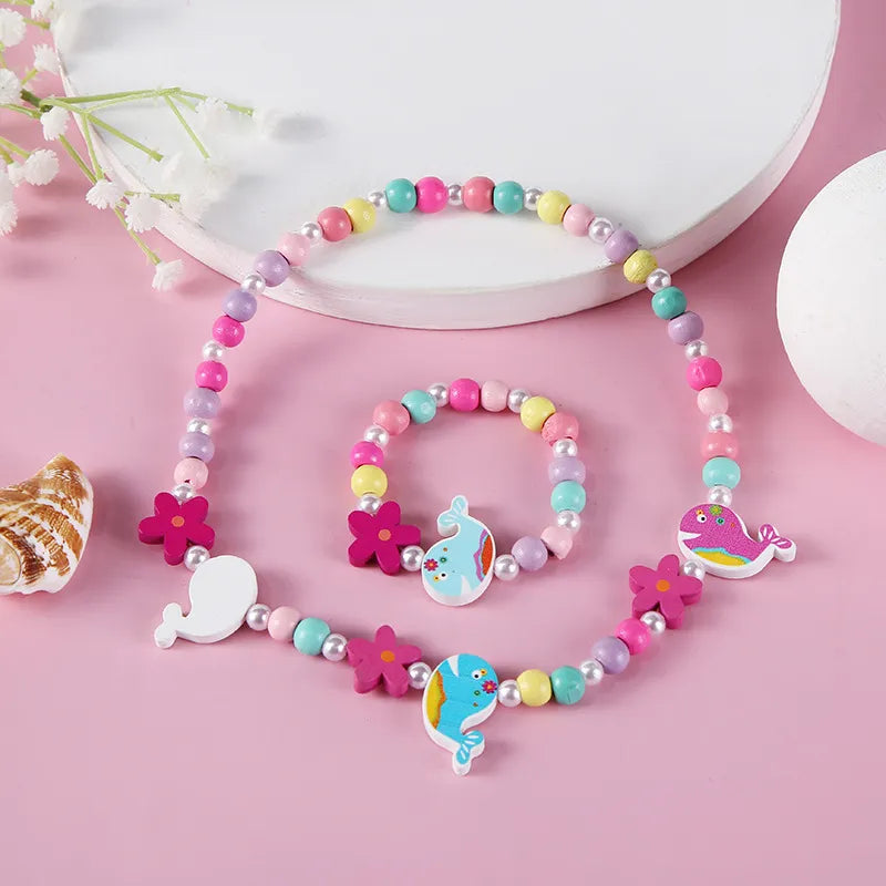 Necklace Bracelet Sets For Girls Children 2pcs Cute Cartoon Pattern Charm Natural Wooden Beads Birthday Gift Jewelry Sets