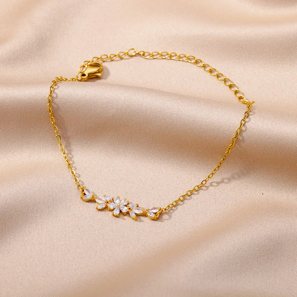 Anklets & Bracelets For Women Girls Elegant Zircon Flowers Charm Gold Color Stainless Steel Luxury Designer Jewelry Gifts