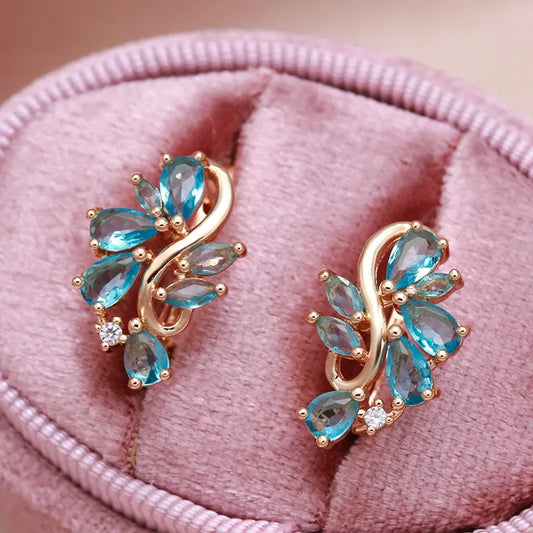 Earring Studs For Women Bright Blue Zircon 585 Rose Gold Curve Symmetrical Buckle Unique Party Jewelry