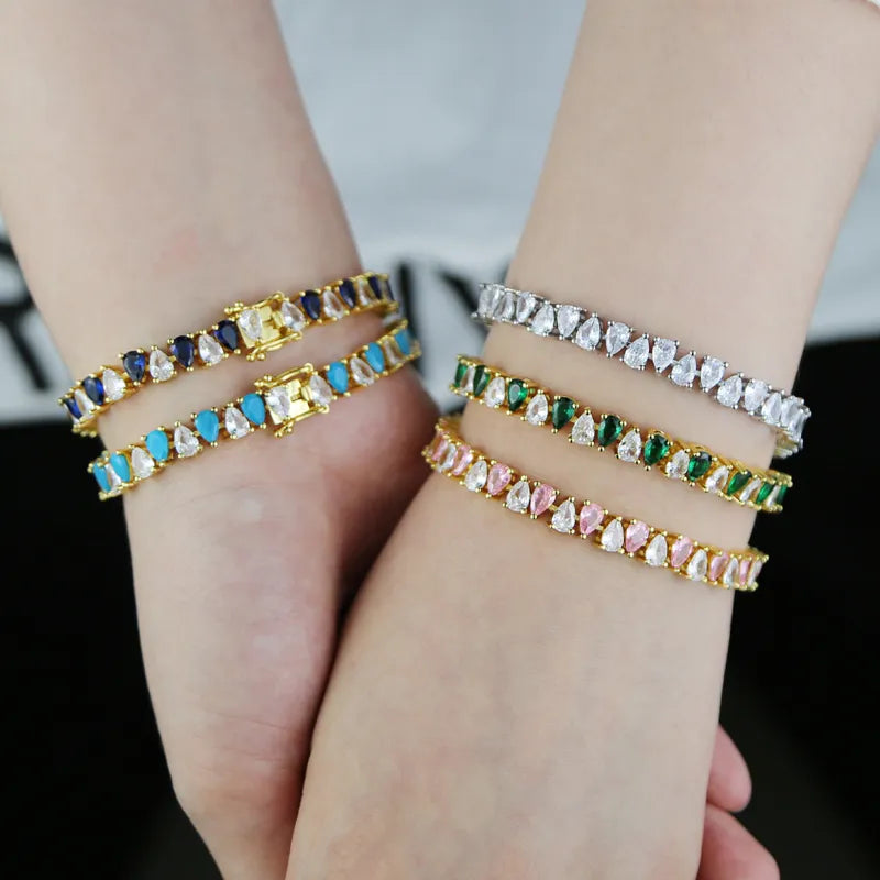 Bracelet for Women Geometric Water Drop Shaped Pink Green White Cubic Zirconia CZ Tennis Chain Colorful Luxury Party Gift Jewelry