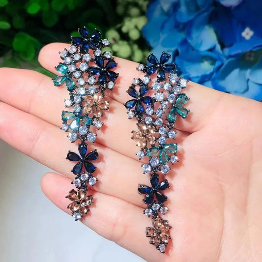 Earrings for Women Fashion Statement Long Drop Flower Multi Color Blue Cubic Zirconia Wedding Party Jewelry Gift