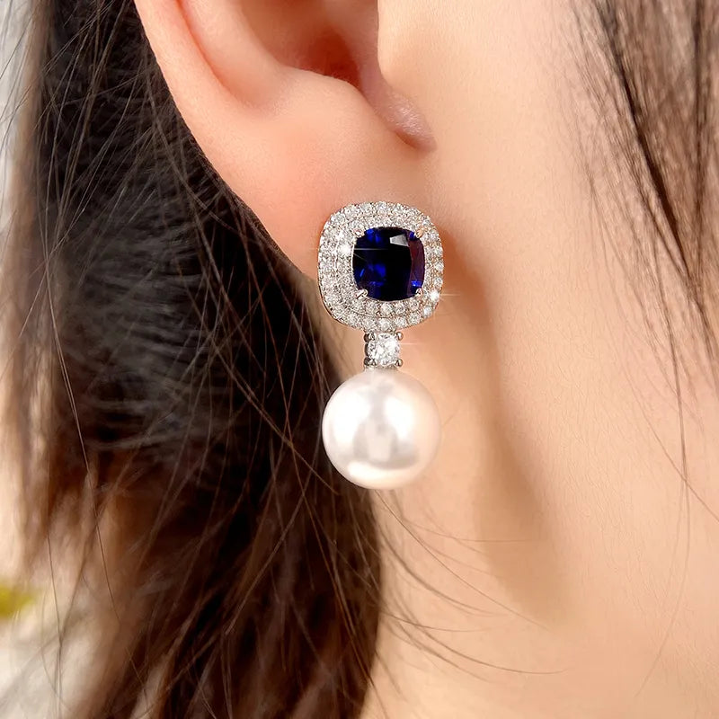 Earrings Women Gorgeous Blue Cubic Zirconia Imitation Pearl for Engagement Wedding Party Temperament Elegant Ear Jewelry